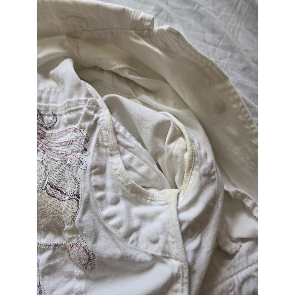 Vtg DA-NANG Da Nang Medium White Embroidered Frayed Jacket Phoenix Bird Cotton - Picture 7 of 7